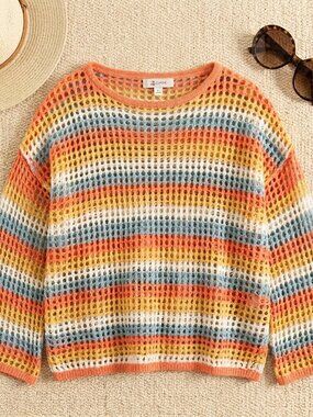 Cupshe Women's Crochet Beach Cover-Up Malibu Sunset Ombre Top Large Boho Knit